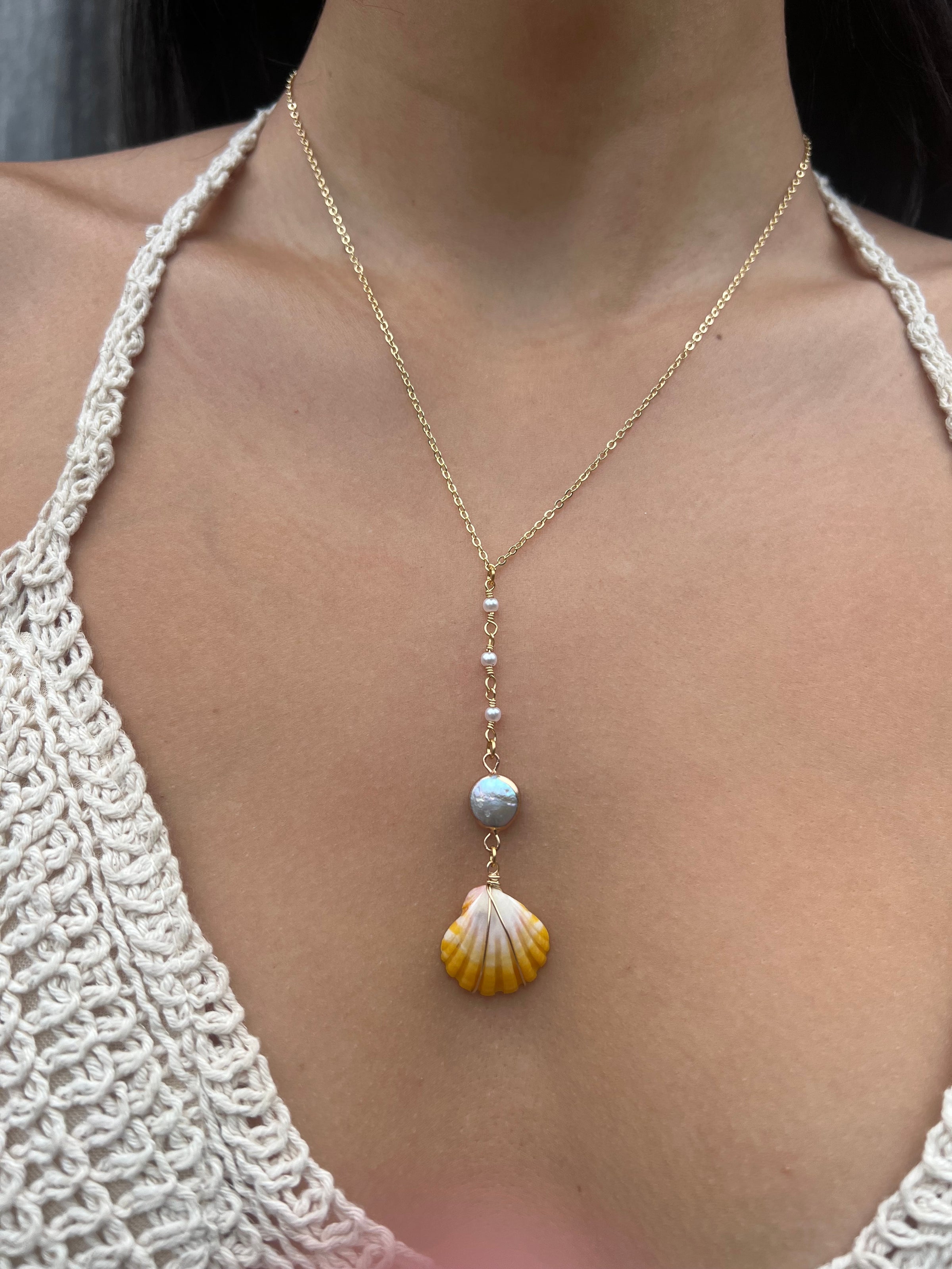 Hebrew Lariat Necklace – Gold Filled Shell & Pearl Y Necklace | Tanline Designs Capitola Santa Cruz