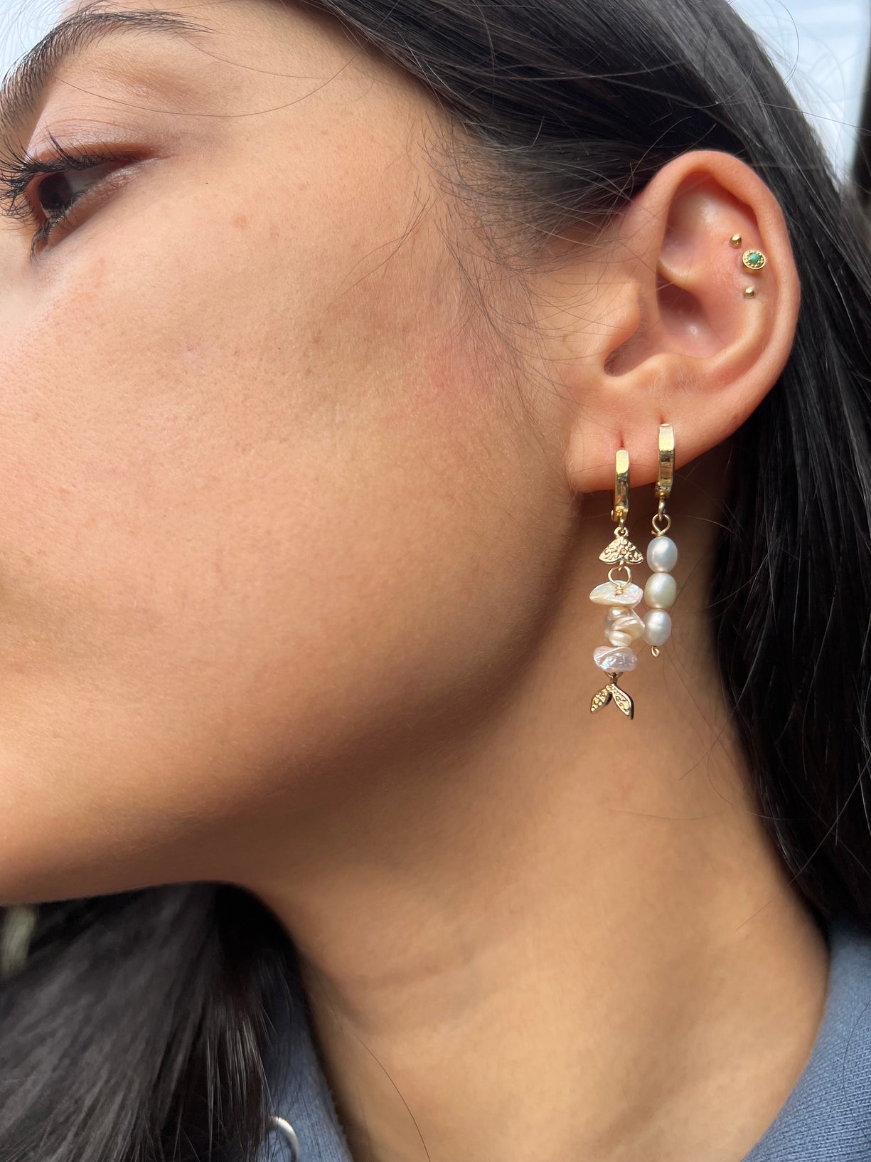 Fish Wish Huggies – Gold Filled Huggie Earrings with Keshi & Flake Pearls